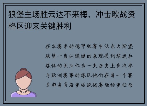 狼堡主场胜云达不来梅，冲击欧战资格区迎来关键胜利