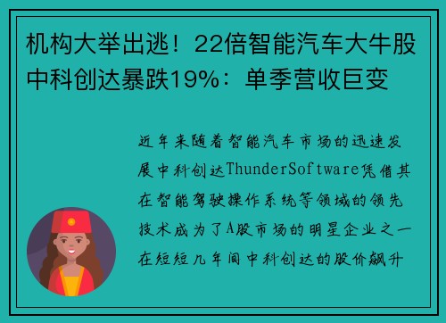 机构大举出逃！22倍智能汽车大牛股中科创达暴跌19%：单季营收巨变