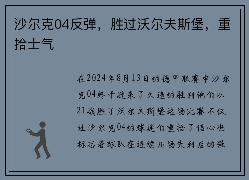 沙尔克04反弹，胜过沃尔夫斯堡，重拾士气