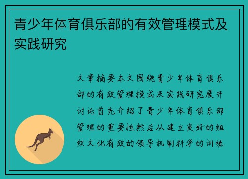 青少年体育俱乐部的有效管理模式及实践研究